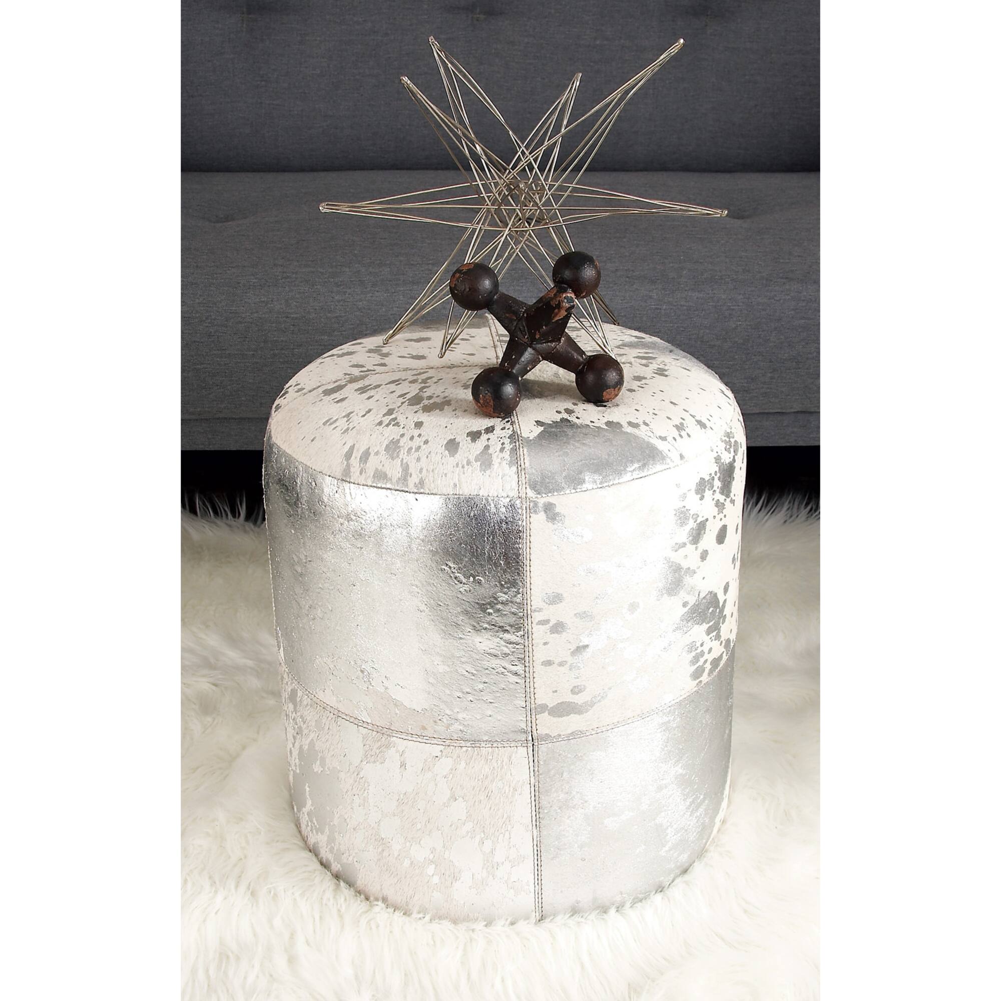 17" Silver & White Leather & Wood Glam Ottoman